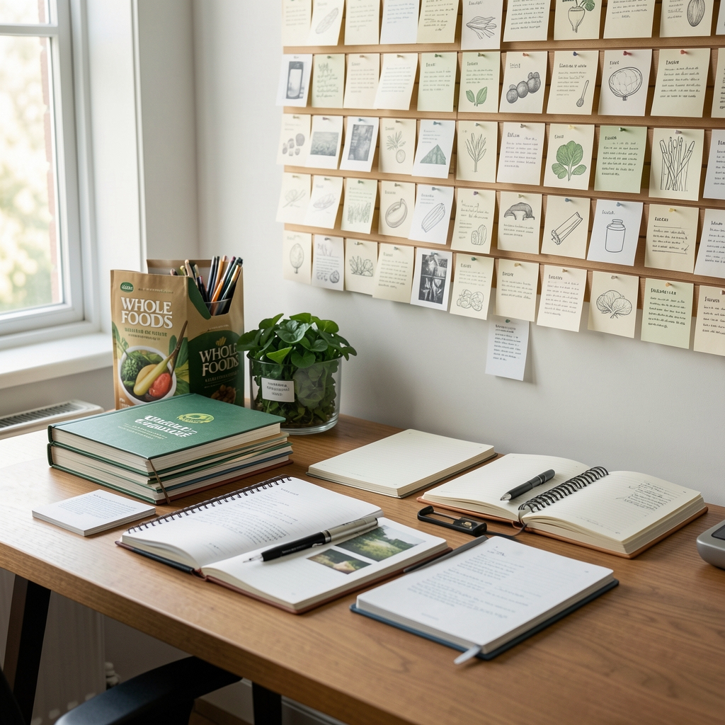 Calm Jakarta publication studio with notebooks, whole foods and a wall of research cards