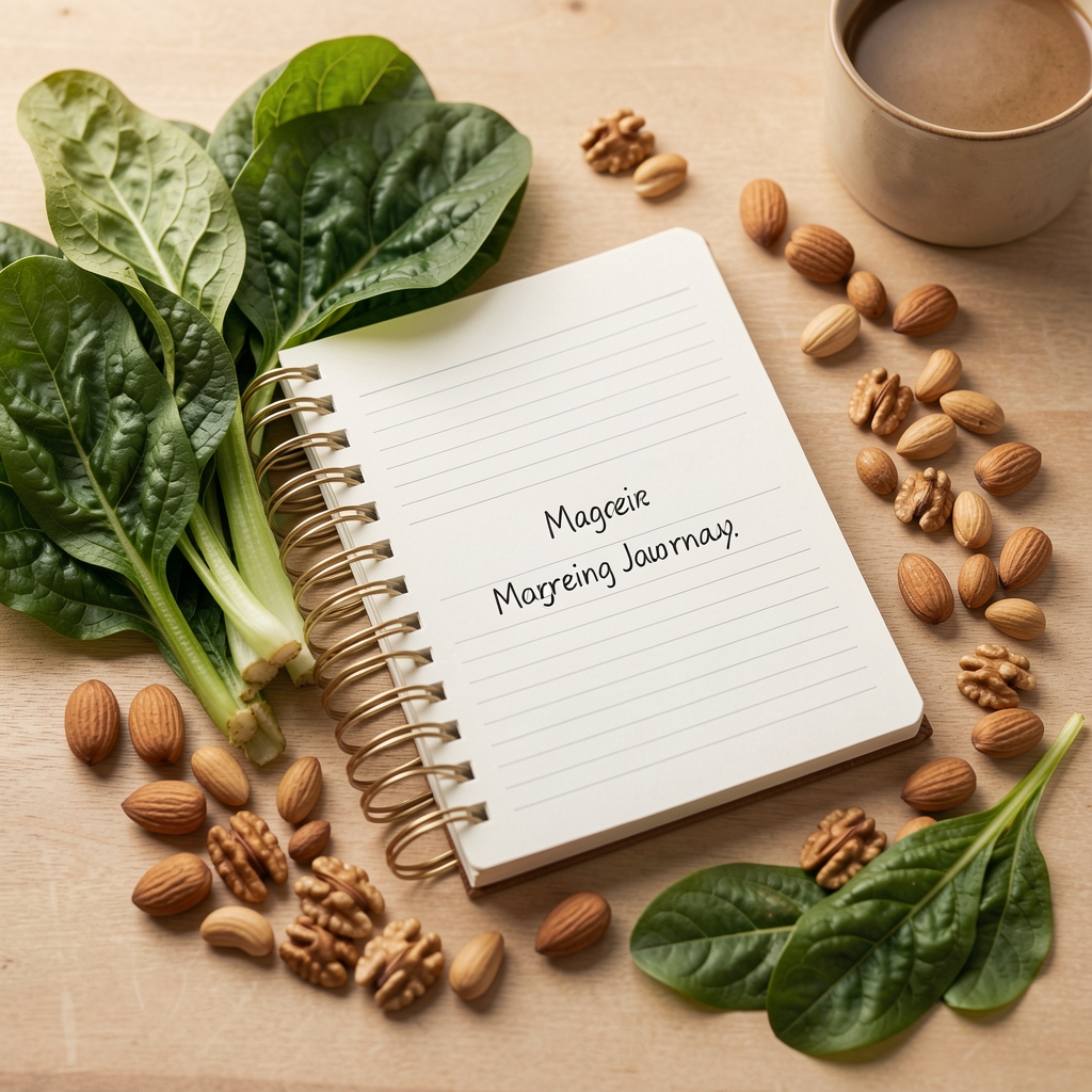 Nuts and leafy greens beside a morning notebook about magnesium routines