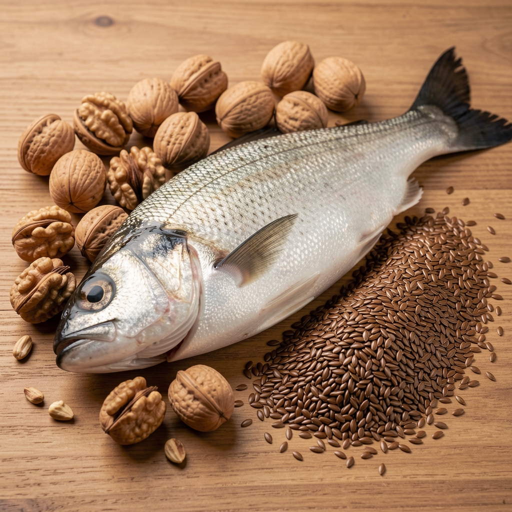 Grilled fish, walnuts and flaxseed arranged on a pale ceramic plate beside a work notebook