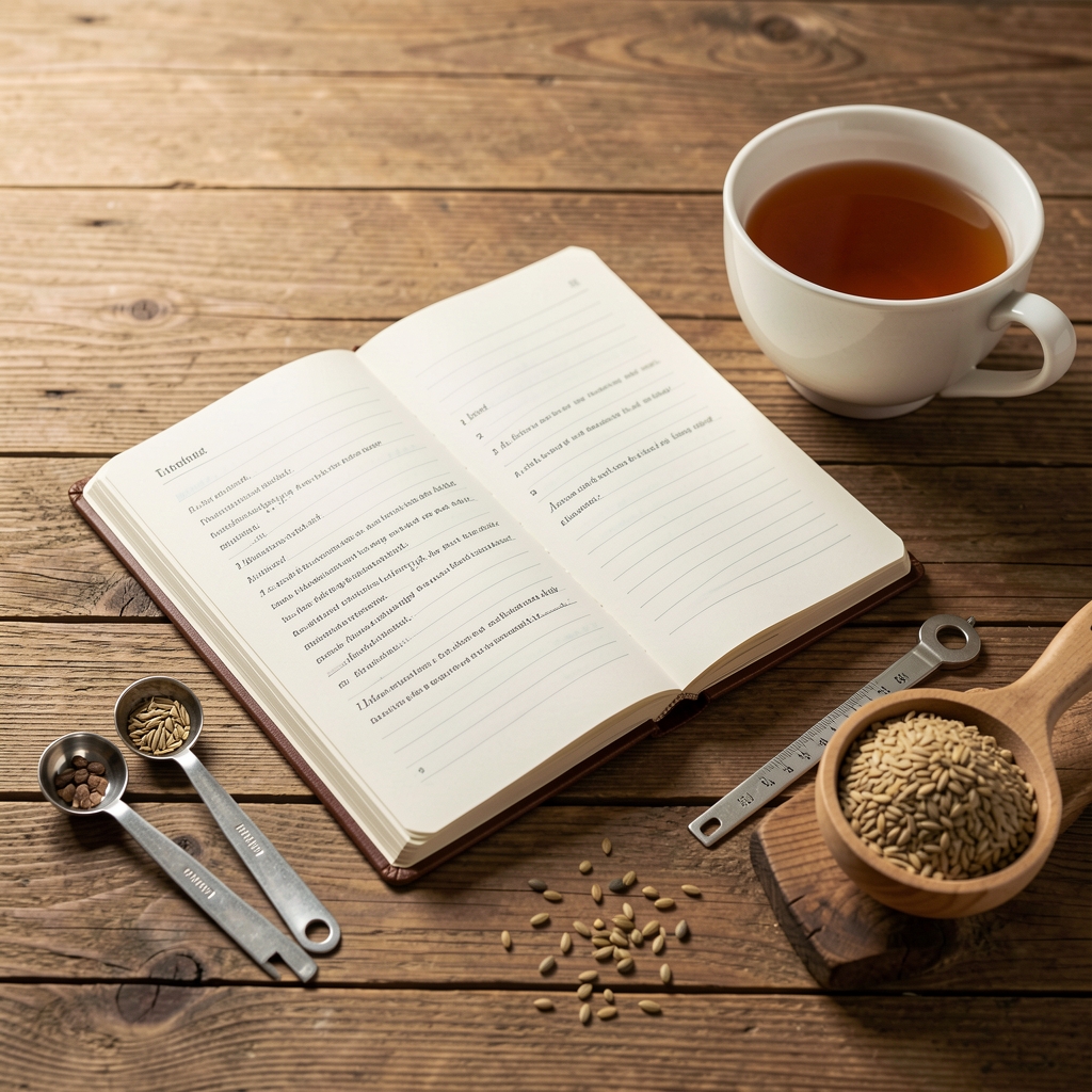 Open editorial methodology notebook beside measuring spoons, seeds and a cup of tea on a wooden desk
